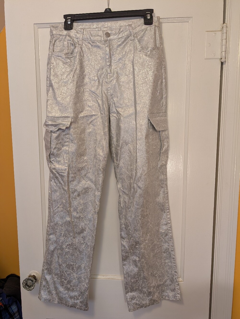 Metallic Silver Cargo Pants XL Festival Y2K Wide Leg
